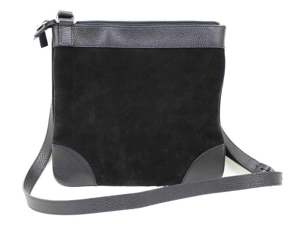 Gucci Suede Messenger Shoulder Bag GG Black Canvas Leather Black
